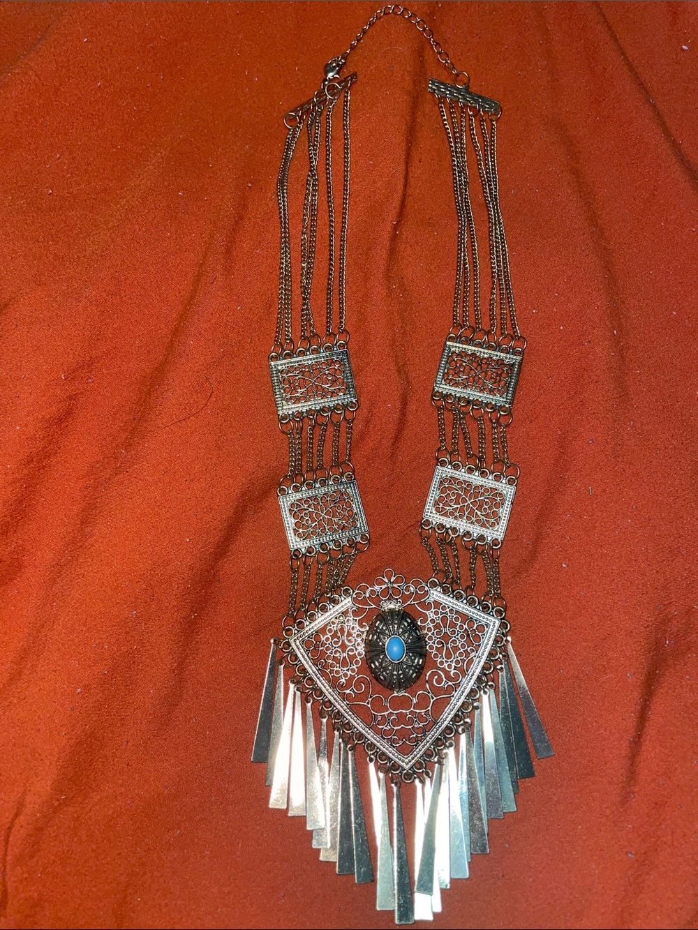 Filigree Statement Necklace with Turquoise Accent - Silver Tone
